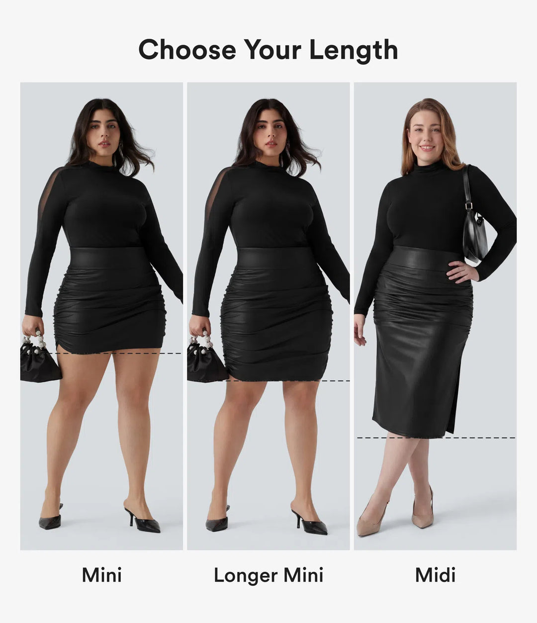 Plus Size High Waisted Tummy Control Ruched Curved Hem 2-in-1 Bodycon Fleece PU Leather Mini Skirt-Longer Length