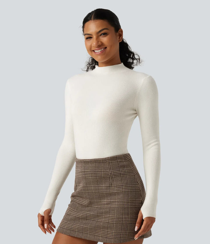 Mock Neck Long Sleeve Thumb Hole Work Wool-Blend Sweater