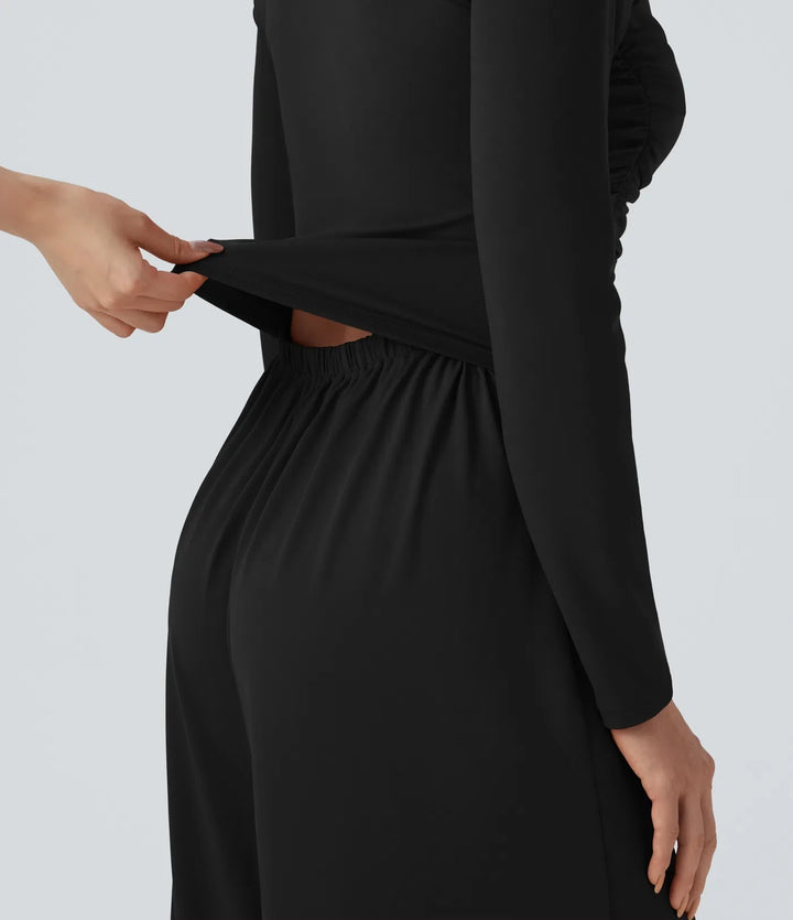 Sweetheart Neck Long Sleeve Ruched Casual Jumpsuit with Pockets-Easy Peezy Edition