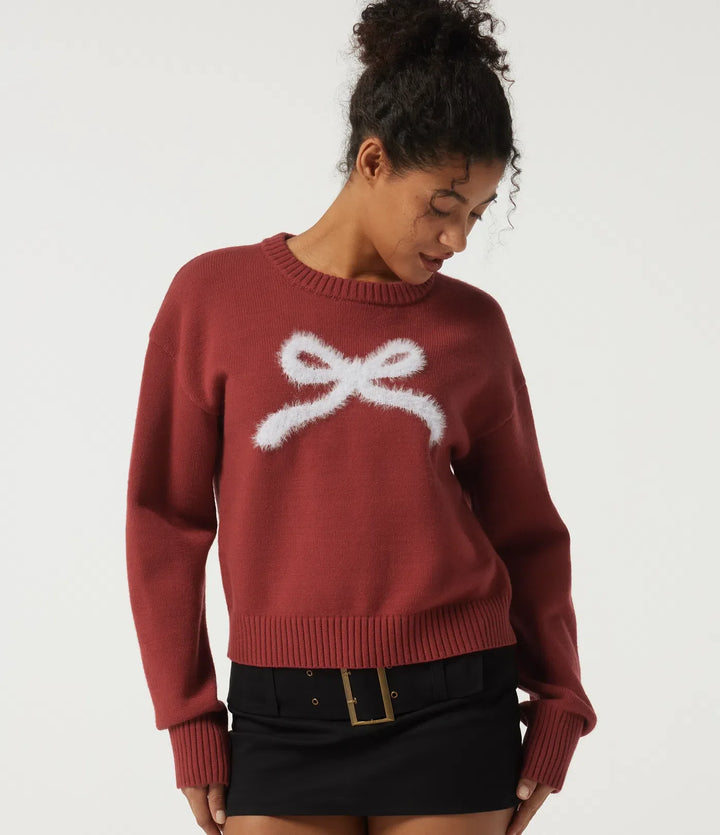 Round Neck Drop Shoulder Long Sleeve Bow Casual Sweater