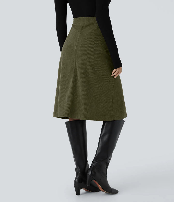 Mid Rise Front Side Flap Pocket Midi Corduroy Casual Skirt