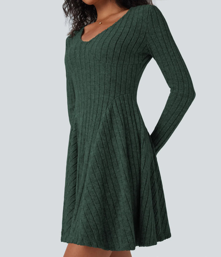 Ribbed Knit V Neck Long Sleeve Flare Mini Casual Dress