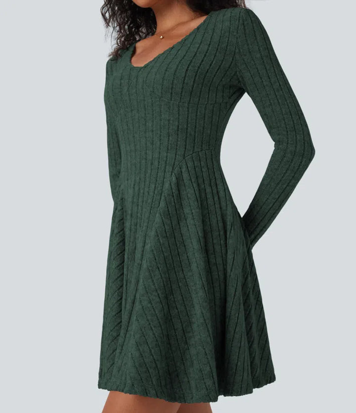 Ribbed Knit V Neck Long Sleeve Flare Mini Casual Dress