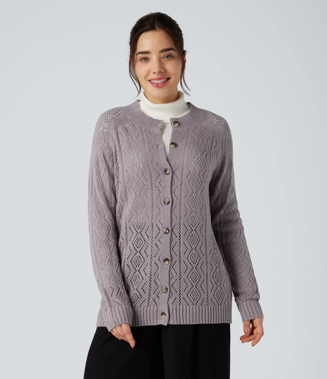 Round Neck Long Sleeve Button Fly Hollow Out Casual Cardigan