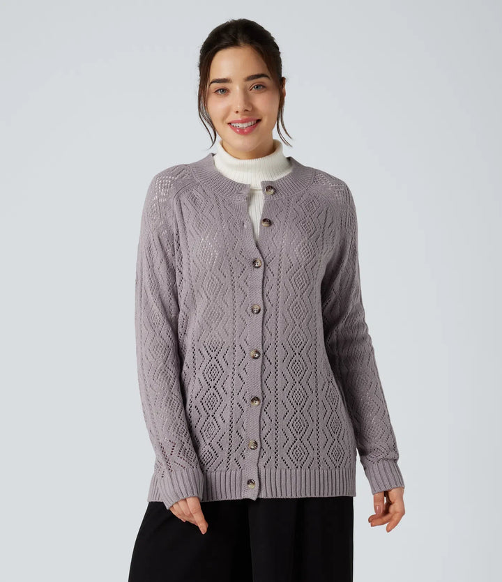 Round Neck Long Sleeve Button Fly Hollow Out Casual Cardigan