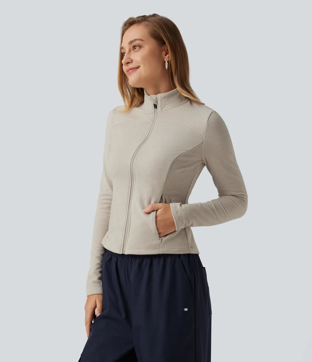 Stand Collar Long Sleeve Fleece Casual Jacket with Pockets