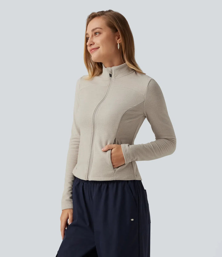 Stand Collar Long Sleeve Fleece Casual Jacket with Pockets