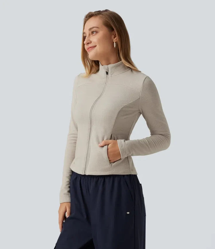 Stand Collar Long Sleeve Fleece Casual Jacket with Pockets