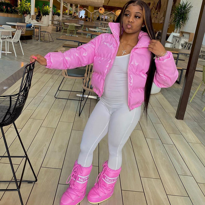 Madison | Glossy Faux Leather Cropped Puffer Jacket