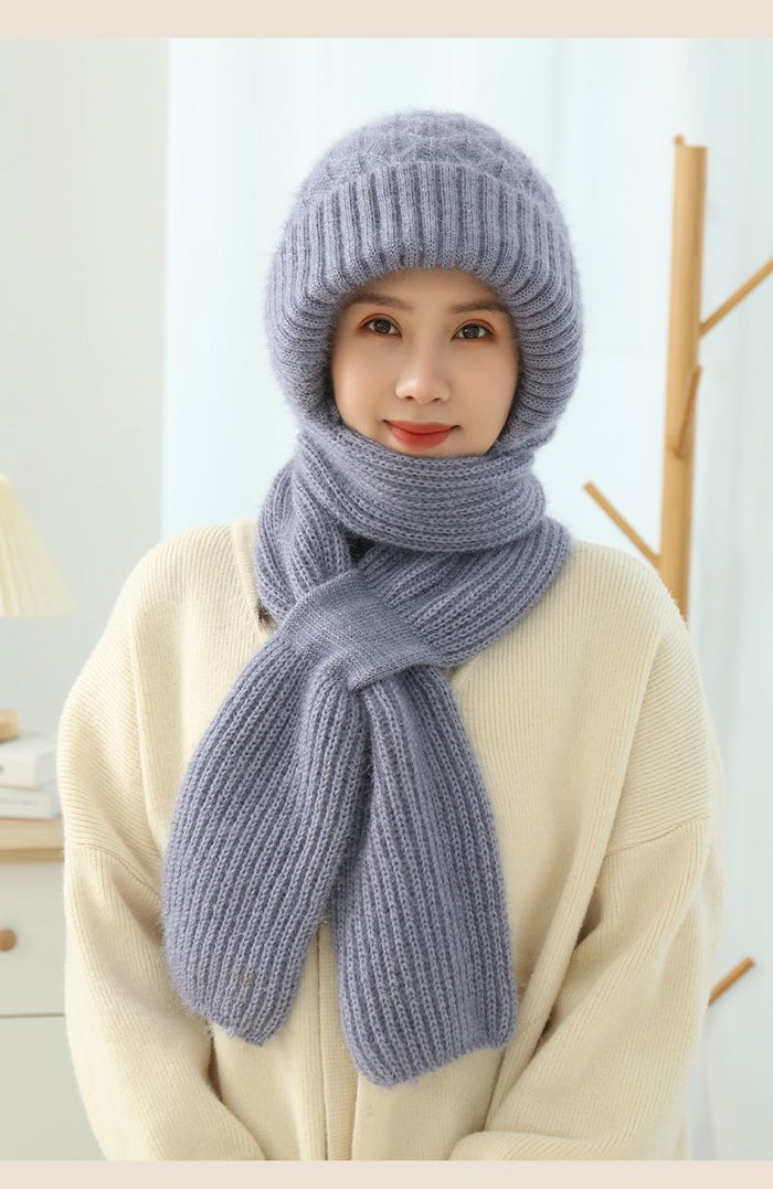 Madison | Knit Hooded Hat with Attached Scarf, Fleece Lined