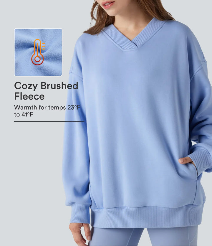 V Neck Long Sleeve Fleece Casual Cotton Sweatshirt with Pockets
