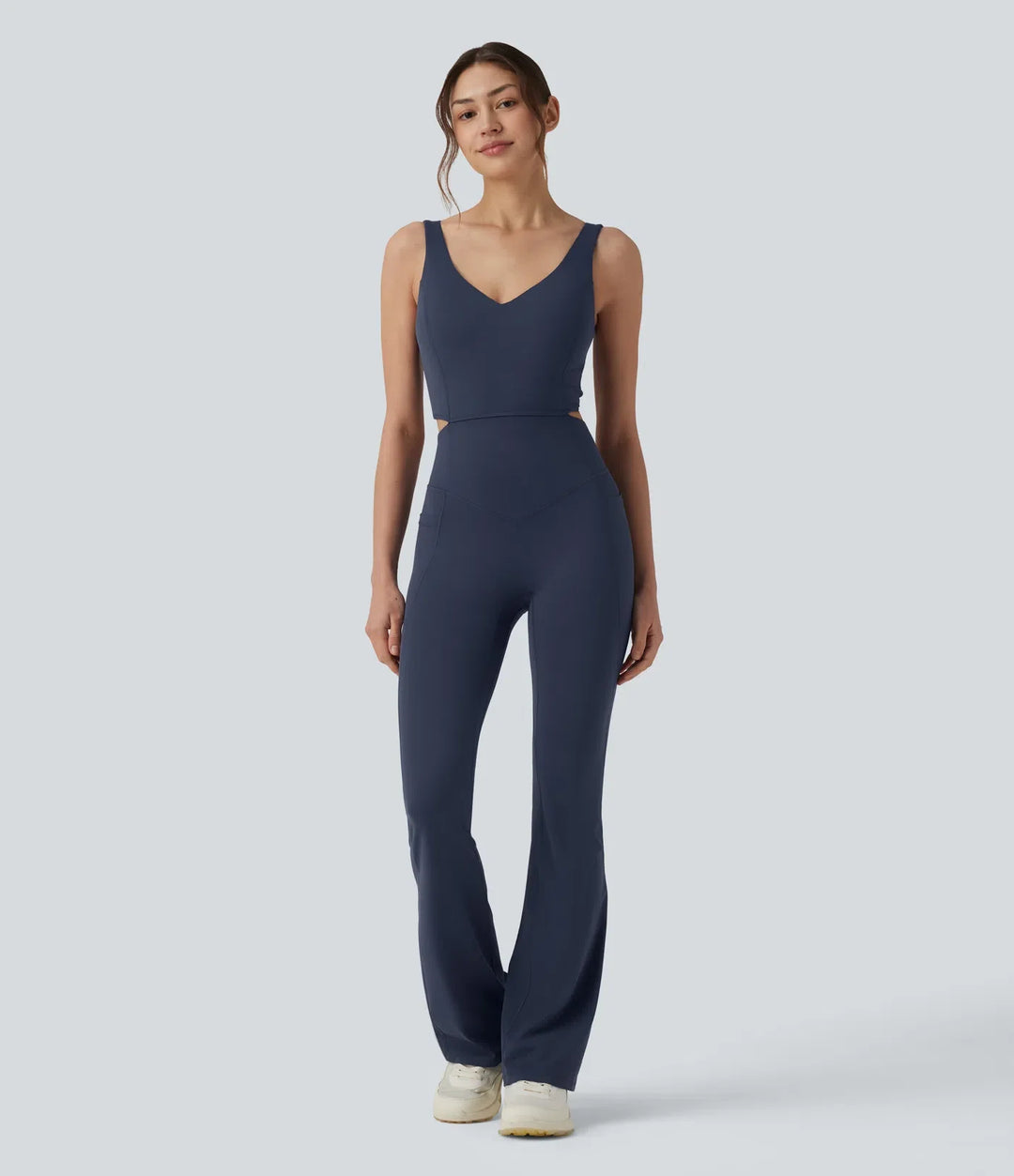 Halara UltraSculpt Non-removable pad Tummy Control Flare Workout Jumpsuit with Pockets-Easy Peezy Edition