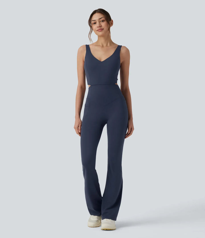 Halara UltraSculpt Non-removable pad Tummy Control Flare Workout Jumpsuit with Pockets-Easy Peezy Edition