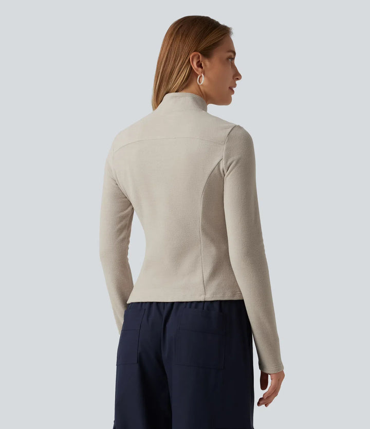 Stand Collar Long Sleeve Fleece Casual Jacket with Pockets