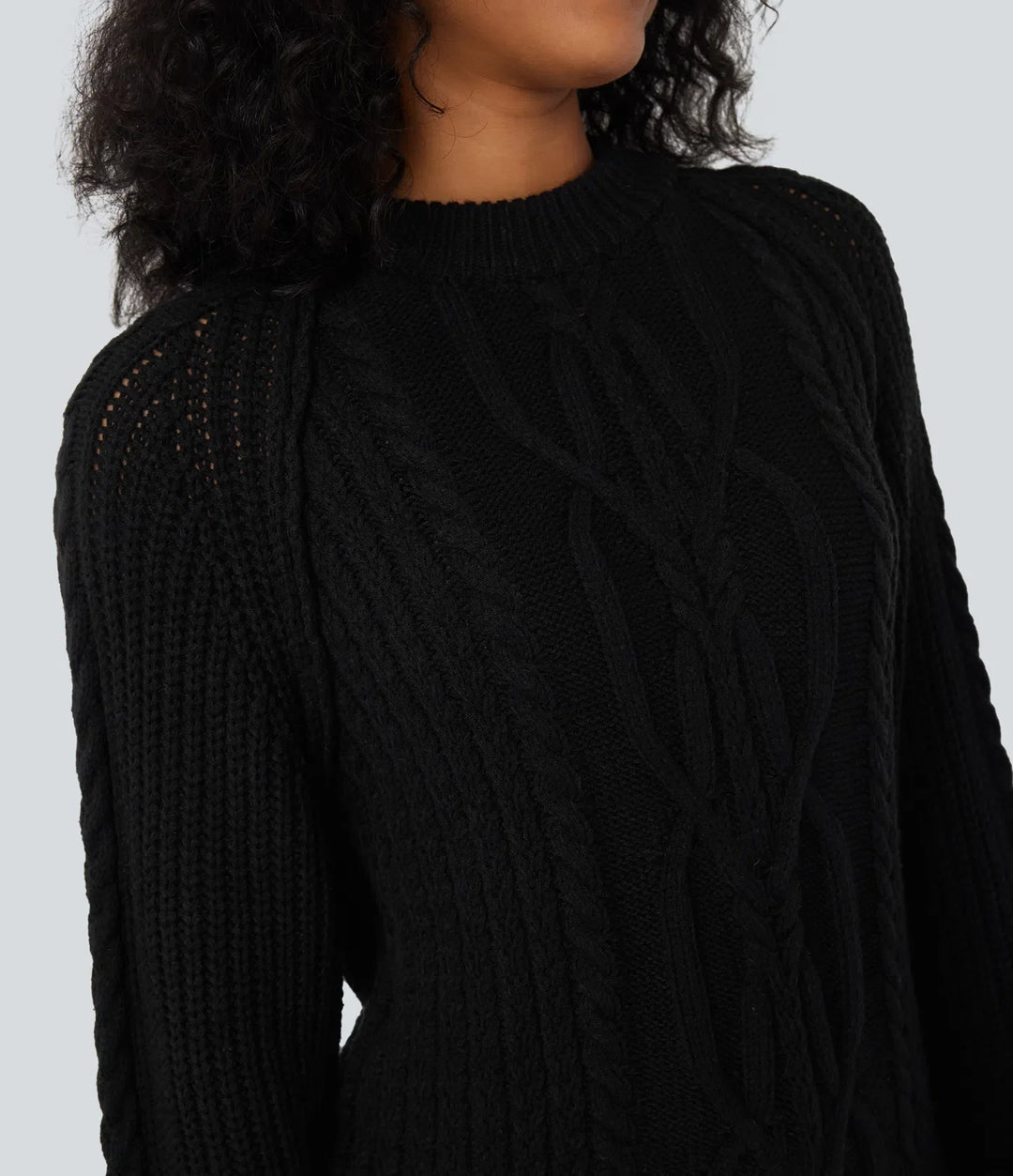 Round Neck Raglan Long Sleeve Relaxed Cable Knit Casual Sweater