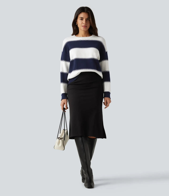 Round Neck Long Sleeve Stripe Casual Sweater