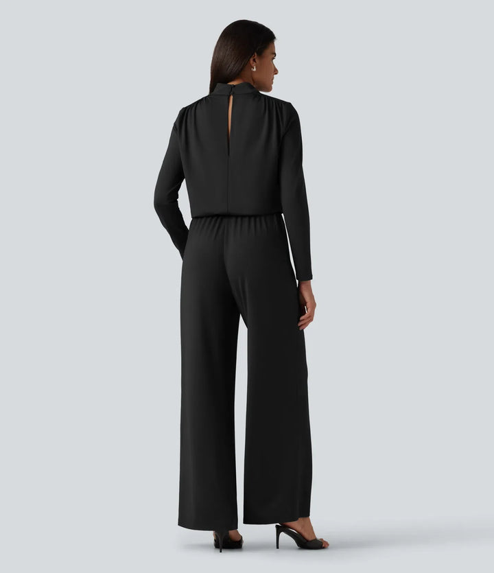 Stand Collar Long Sleeve Straight Leg Jumpsuit with Pockets-Easy Peezy Edition