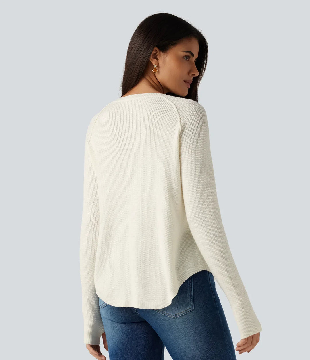 Henley Neck Long Sleeve Thumb Hole Curved Hem Casual Sweater