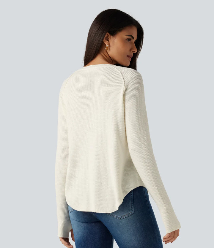 Henley Neck Long Sleeve Thumb Hole Curved Hem Casual Sweater