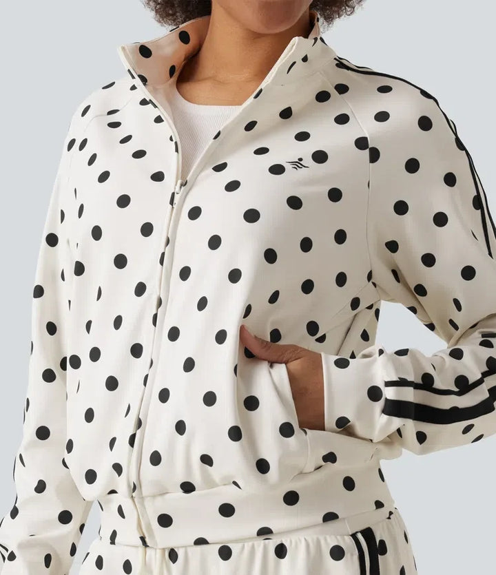 Stand Collar Polka Dot Side Stripe Casual Track Jacket with Pockets