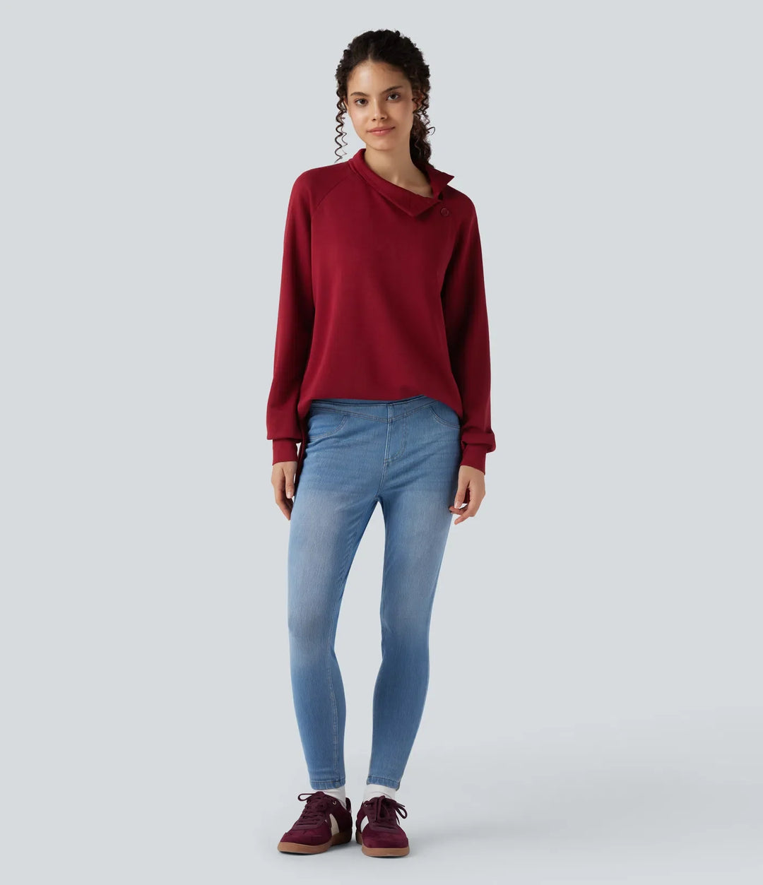 Mock-neck Long Sleeve Split High-Low Relaxed Casual Sweatshirt