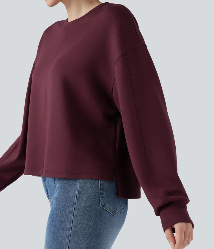 Round Neck Long Sleeve High Low Casual Sweatshirt