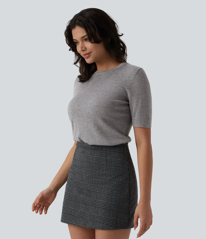 Round Neck Short Sleeve Slim Work Silk-Wool Blend Sweater