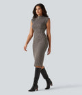 High Neck Sleeveless Bodycon Patterned Midi Work Dress