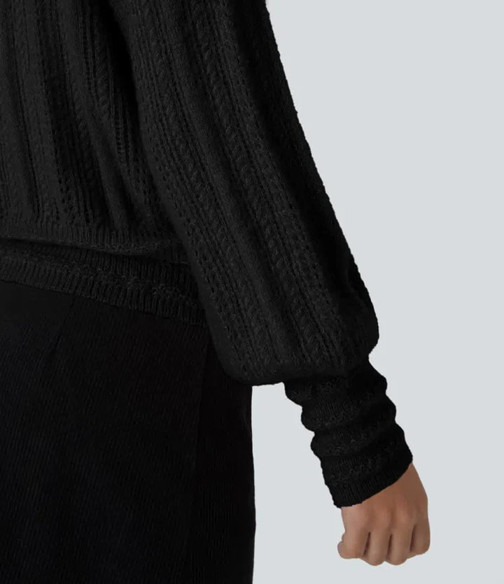 Sheer V Neck Long Sleeve Work Sweater-Front and Back Wearable