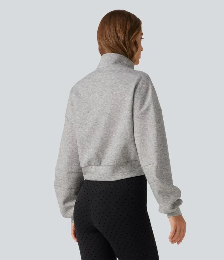 Stand Collar Half-Zip Raglan Long Sleeve Casual Cropped Sweatshirt