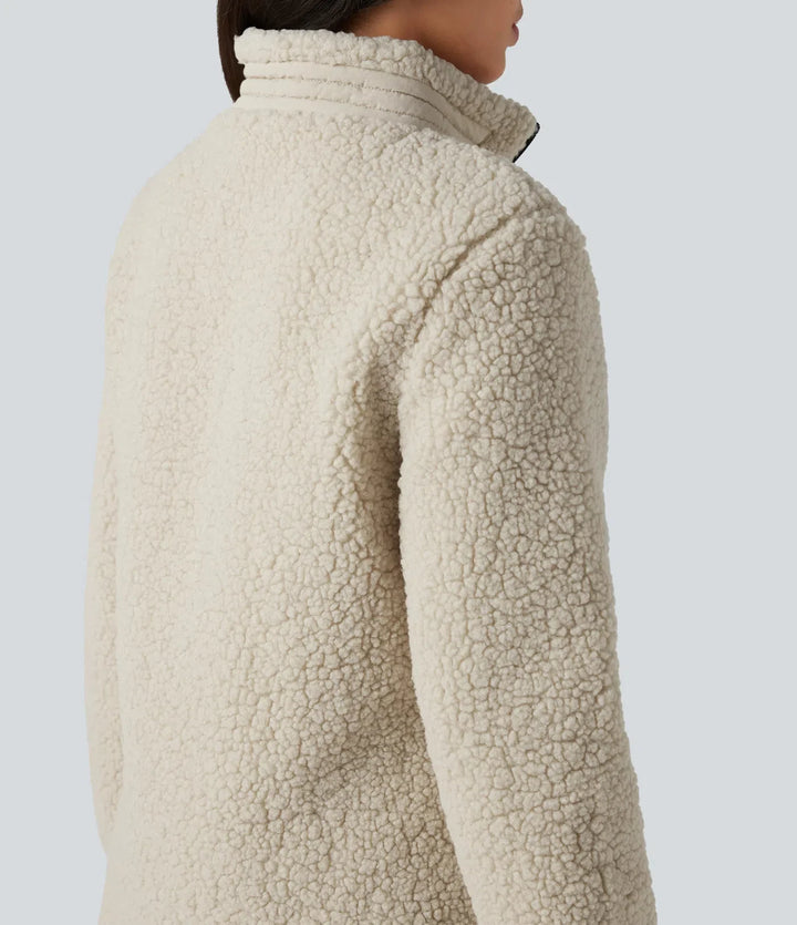 Stand Collar Zip Fly Relaxed Hiking Teddy Jacket with Pockets