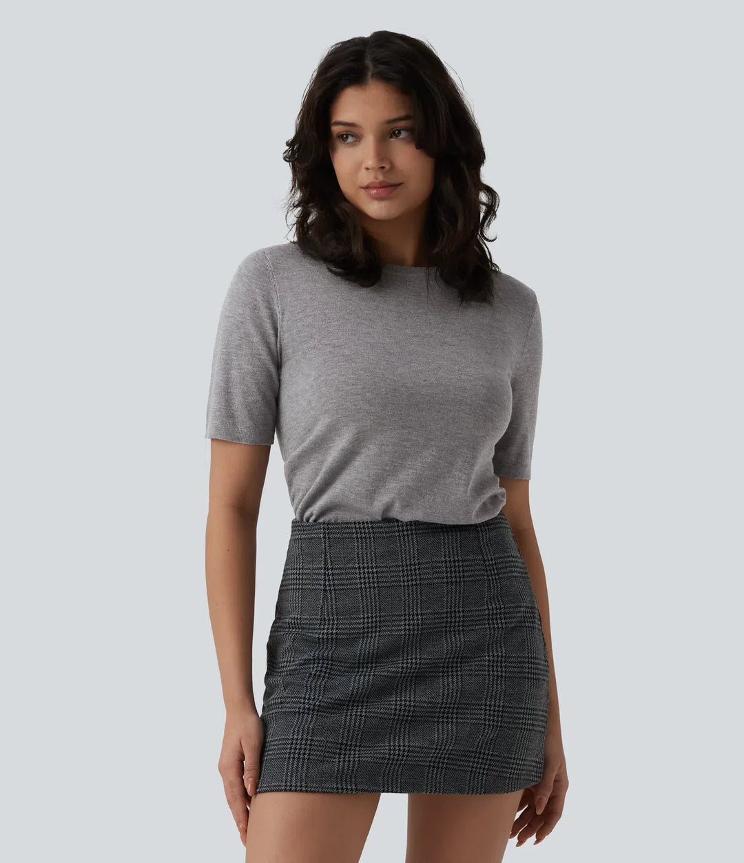 Round Neck Short Sleeve Slim Work Silk-Wool Blend Sweater