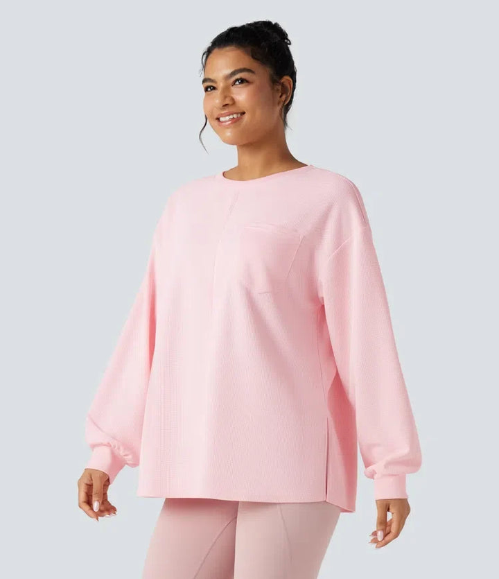 Round Neck Long Sleeve Split Hem Waffle Oversized Casual Sweatshirt with Pockets