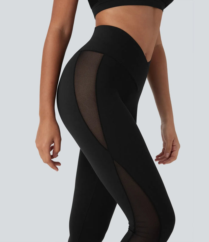 SoftlyZero Crossover High Waisted Contrast Mesh Yoga Leggings with Pocket