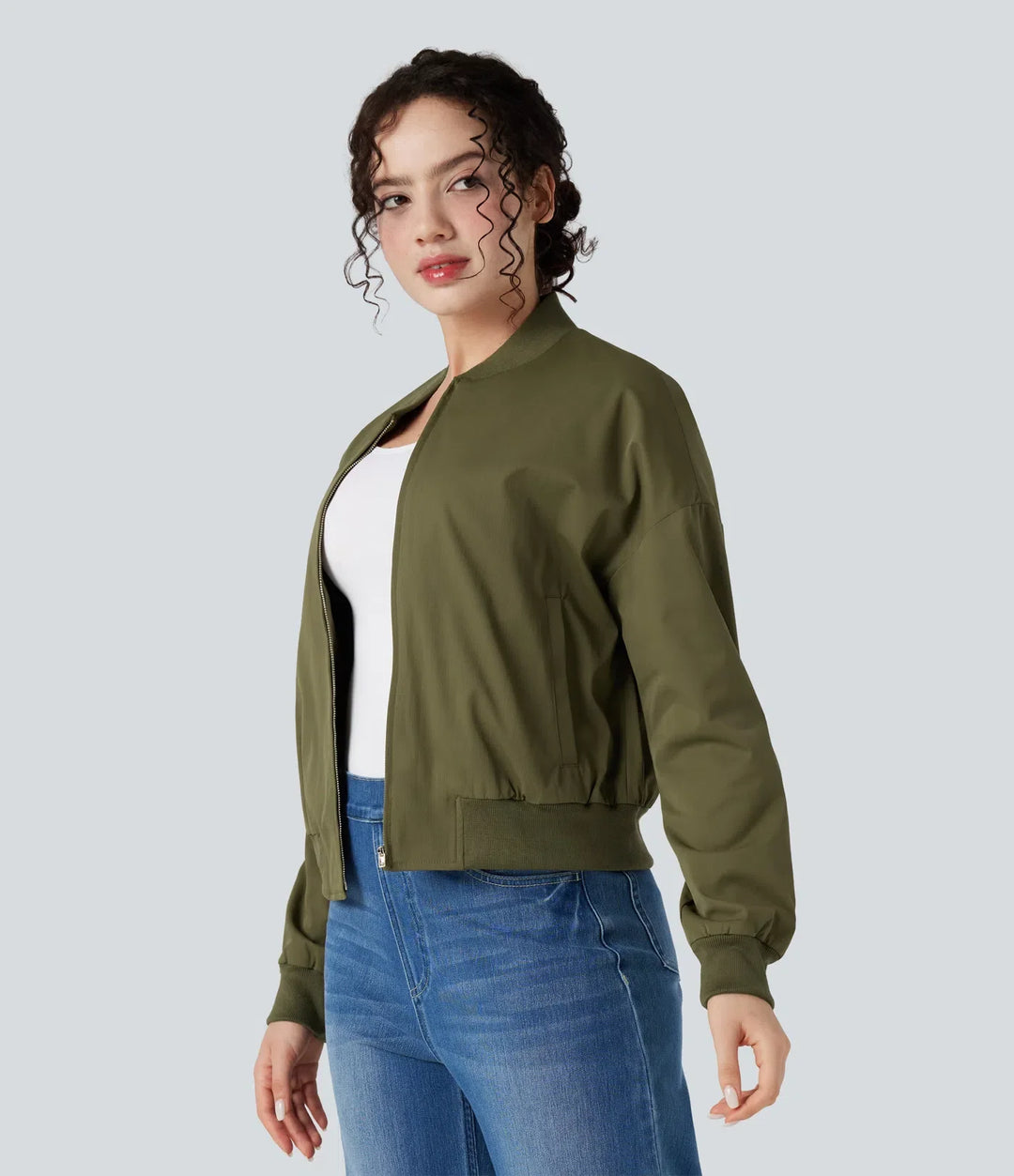 Zipper Fly Relaxed Casual Bomber Jacket with Pockets