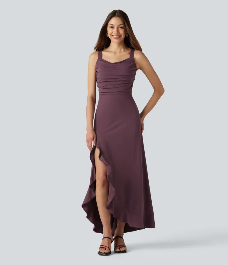Crisscross Backless Split Ruffle Hem Built-in Bra Midi Party Flowy Dress