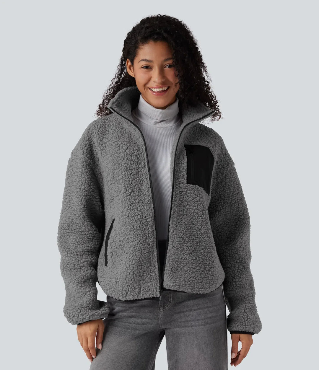 Turtleneck Long Sleeve Casual Sherpa Jacket with Pockets