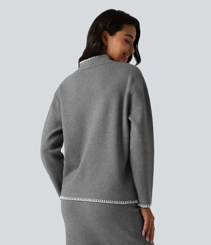 Stand Collar Long Sleeve Crochet Work Sweater