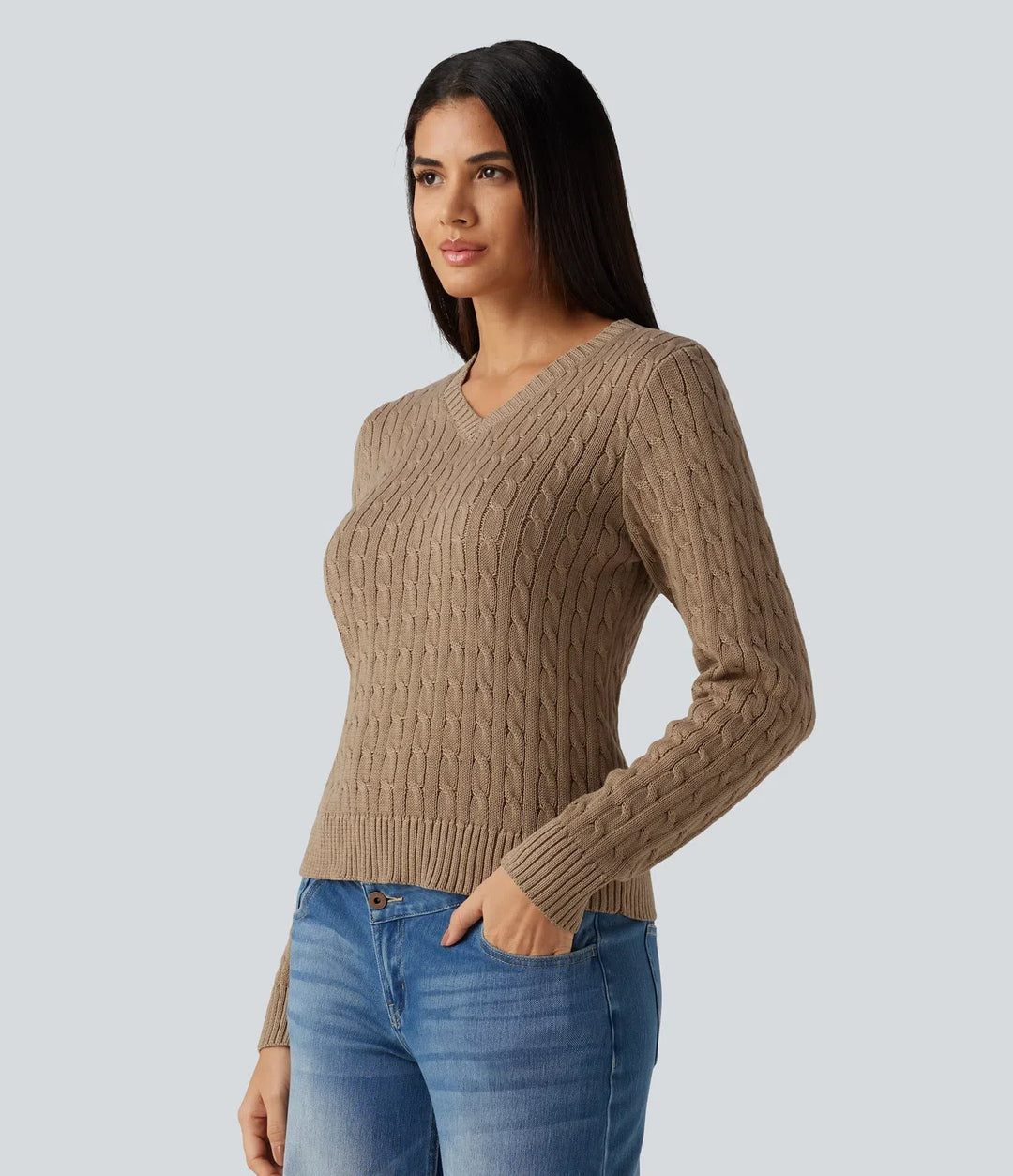 Cable Knit V Neck Long Sleeve Work Sweater