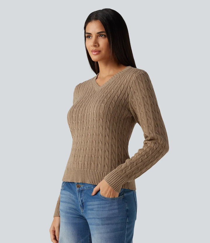 Cable Knit V Neck Long Sleeve Work Sweater