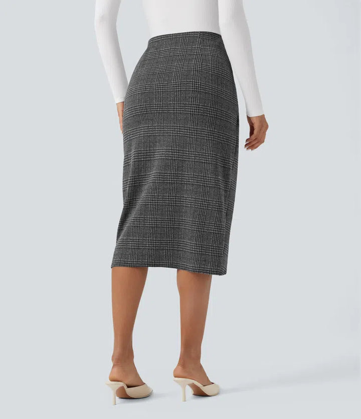 High Waisted 2-in-1 Tulip Hem Houndstooth Plaid Midi Work Skirt