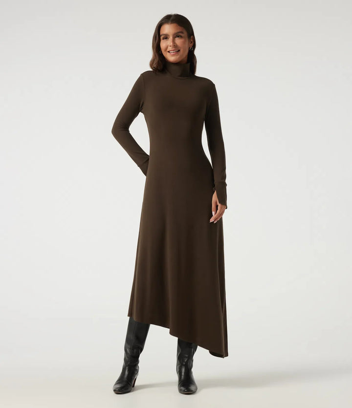 High Neck Long Sleeve Asymmetric Thermal Casual Bodycon Midi Dress