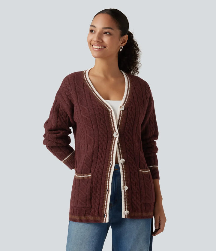 V Neck Long Sleeve Color Block Work Cardigan with Pockets