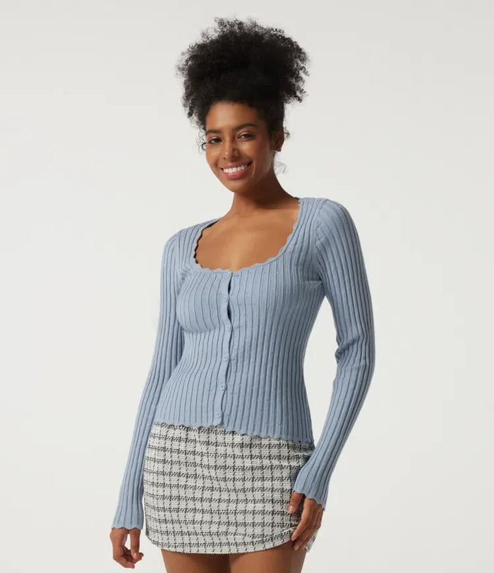 Ribbed Knit Square Neck Long Sleeve Casual Sweater