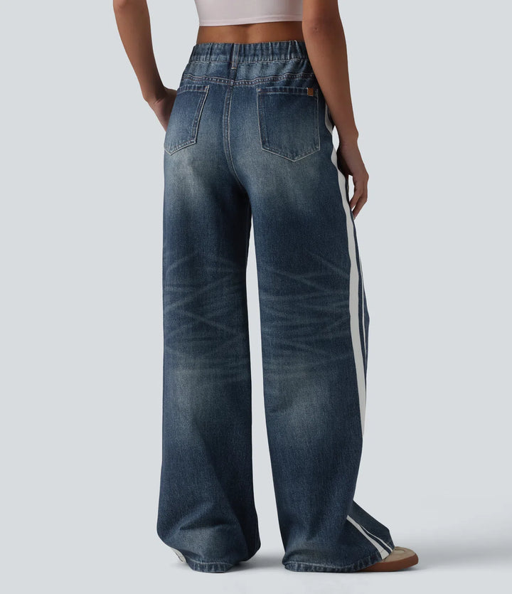 Mid Rise Denim Print French Terry Stripe Casual Sweatpants Jeans with Pockets