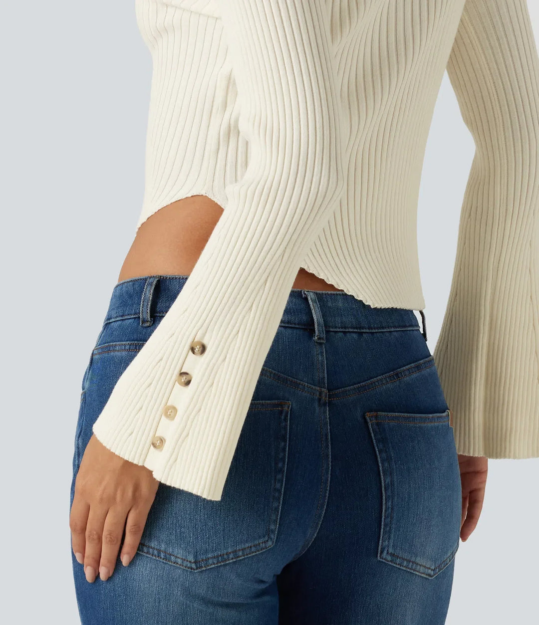 Ribbed Knit Stand Collar Flounce Sleeves Asymmetric Hem Slim Work Sweater