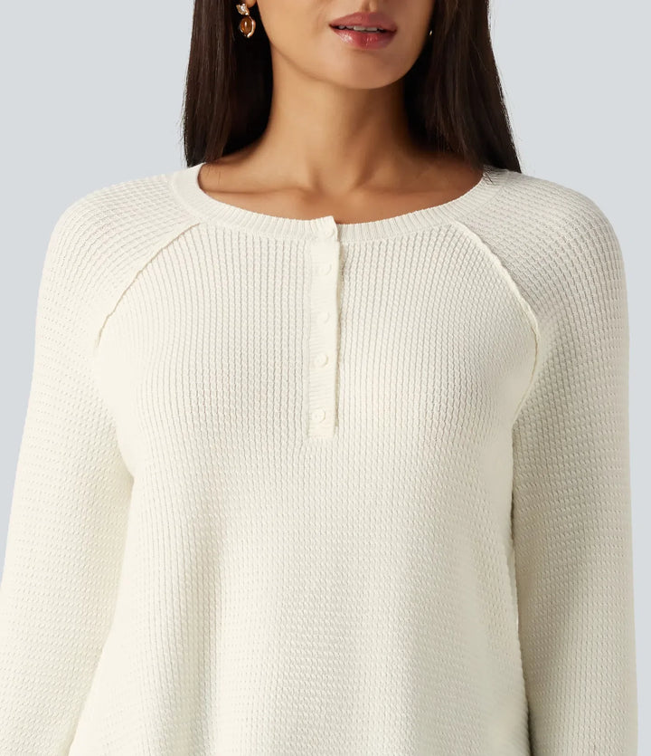 Henley Neck Long Sleeve Thumb Hole Curved Hem Casual Sweater