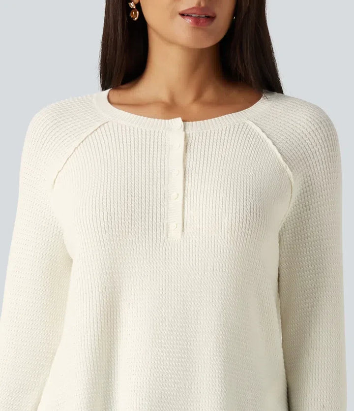 Henley Neck Long Sleeve Thumb Hole Curved Hem Casual Sweater
