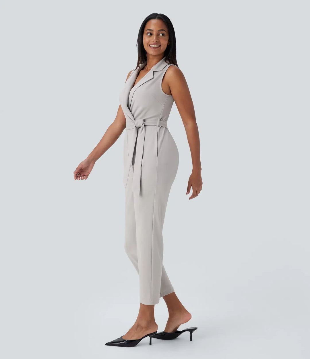 Sleeveless Pockets Belted Tapered Work Jumpsuit