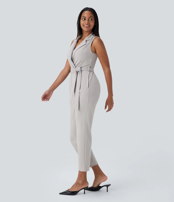 Sleeveless Pockets Belted Tapered Work Jumpsuit